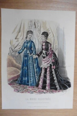 Gravure de mode originale du journal La Mode Illustrée 1875 grand format  33x25 - Photo 1/2