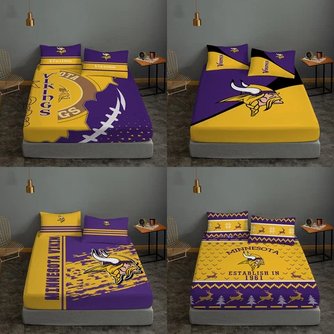 Minnesota Vikings Fitted Sheet Pillowcases 3Pcs Deep Pocket Bed Sheet Set Gift Cover