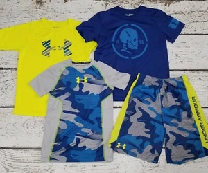 UNDER ARMOUR YMD Yellow Blue Skull Camo Shirt Shorts 4 Piece Outfit Yth Medium - Picture 1 of 12