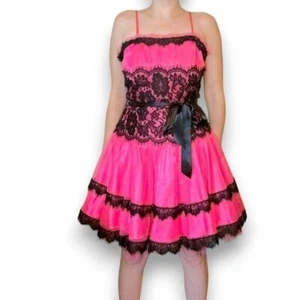 Vintage 80s Hot Pink and Black Lace Rock n Roll Saloon Mini Dress - Picture 1 of 10