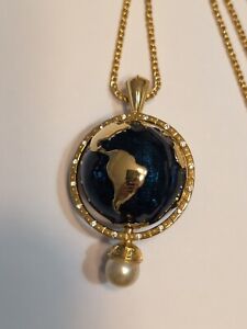 Kenneth Jay Lane KJL Gold Blue Enamel Spinning Globe Pendant Necklace
