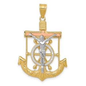 14k 14kt Tri-Color Diamond-cut w/Textured Mariner's Cross Pendant 22mm Wide - Picture 1 of 4