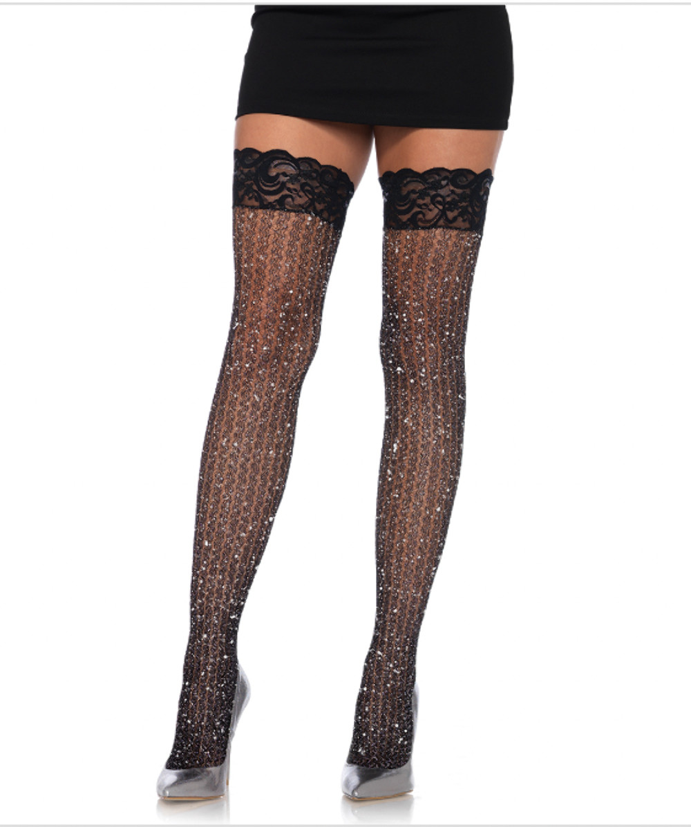 Bas Résille Leg Avenue - Femme Adulte - Taille Haute Cuisse - Noir - Lingerie Sensuelle