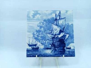 1960s Delft Blauw Willem van de Velde Ship - "The Cannon Shot" tile c.1670 - Picture 1 of 5