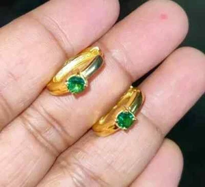 1Ct Round Lab Created Emerald Fancy Tiny Hoop Earrings 14k Yellow Gold Plated - Picture 1 of 11