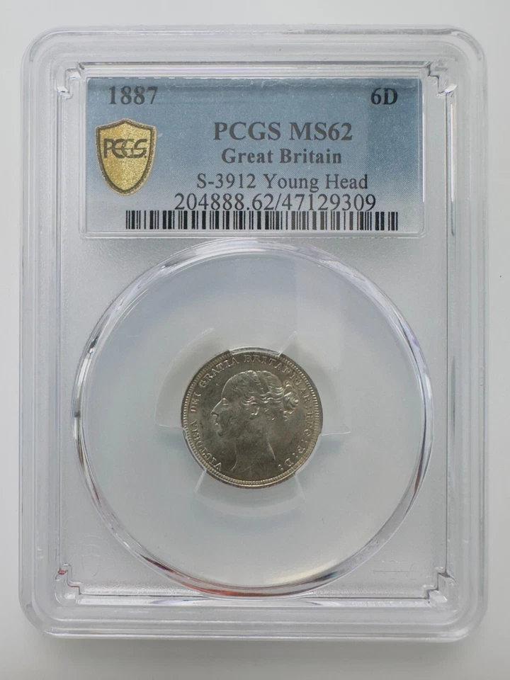 Great Britain 6D Pence 1887 Victoria British S-3912 Young Head PCGS MS62 - Image 1 of 2