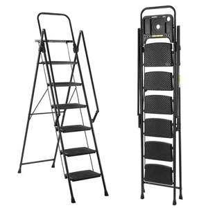 6 Step Ladder Folding Steel Step Stool Anti Slip Pedal W/Handrails and Tool Tray - Picture 1 of 10
