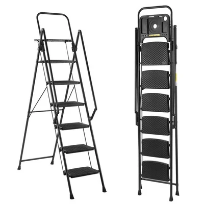 6 Step Ladder Folding Steel Step Stool Anti Slip Pedal W/Handrails and Tool Tray - Image 1 of 4