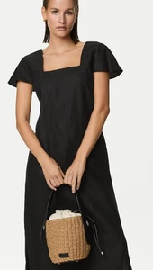 Vestido midi de verano M&S AUTOGRAPH de lino negro con cuello cuadrado XL UK20 EUR48 *EN MUY BUENA CONDICIÓN* £80 - Imagen 1 de 5