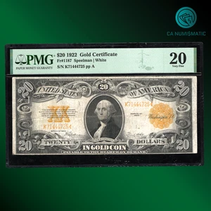 FR.1187 1922 $20 Dollars Gold Certificate, GOLD SEAL, PMG 20, 44725 - Picture 1 of 2