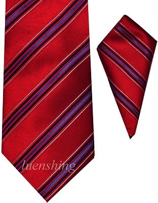 New Polyester Woven Men's neck tie & hankie set striped red prom formal wedding  - Image 1 of 3