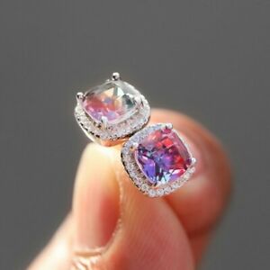 Hot Silver Rainbow Zircon Crystal Square Stud Earrings Women Jewelry Fashion