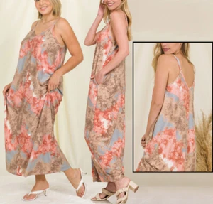 ZENANA 5135 French Terry Tie Dye Cami Maxi Dress BLUE PEACH Reg & PLUS S-3X - Picture 1 of 17
