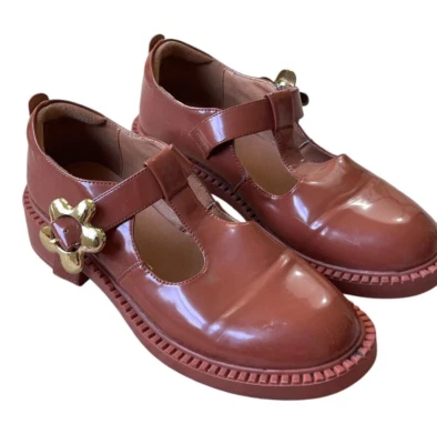 Y2K Xieda Mary Janes Jelly Flat Shoes Womens 38 Brown Plastic Floral Strap Goth - Image 1 of 4