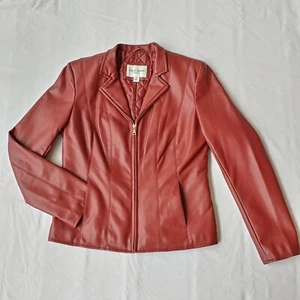 Cole Haan sz M women's red vegan faux leather jacket fitted zip quilted lining - Picture 1 of 12