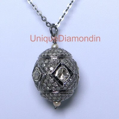 Natural Polki Diamond 925 Sterling Silver Handmade Oxidized Necklace Gift Item - Image 1 of 4