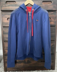 Womens Tommy Hilfiger Sport Size Large Logo Zip Up Hoodie Blue Mesh Arms Pocket - Picture 1 of 24