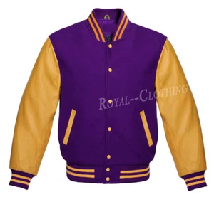Letterman Varsity Purple Wool and Genuine Gold Leather Sleeves Jacket size S~7XL - Bild 1 von 4