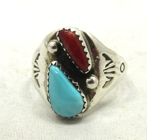 Indianer Ring Gr. 1 1 Navajo signiert ML Türkis Koralle 925 Silber #54 - Bild 1 von 10
