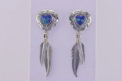 QT纯银Azurite心形悬垂羽毛925柱耳钉耳环 — 第 1/4 张图片