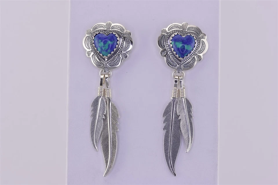 Aretes colgantes de plata esterlina QT con corazón de azurita y plumas 925 postes Foto 1 de 4