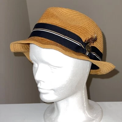 EUC Goorin Bros Brown Gold Straw Fedora Trilby Hat Ribbon Band Quail Men's Large - Image 1 of 4