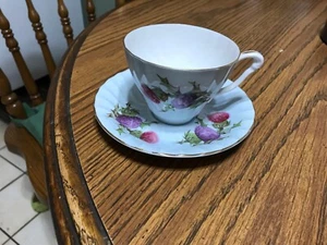 Queen Anne Cup & Saucer, England Bone Chine, blue with flowers - Picture 1 of 4