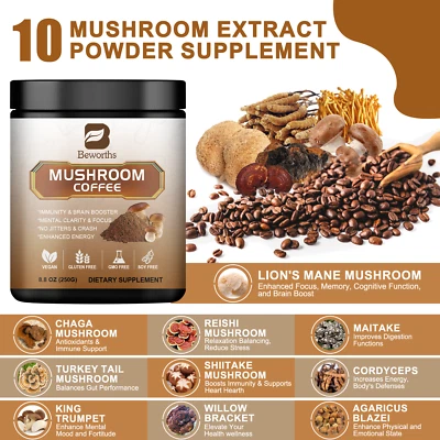 BEWORTHS Mushroom Coffee-Organic Coffee Supplement - Boost Energy 22/38/80 Servings