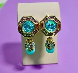 New $80 HEIDI DAUS "Lavish Layers" Drop Earrings Turquoise Crystals Omega - Picture 1 of 5