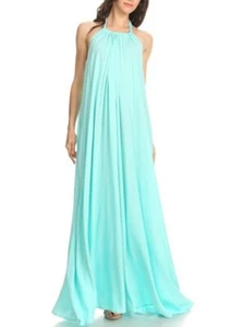 Boho Aqua Blue Halter Maxi Dress Open Back Cover Up Sundress - Picture 1 of 7