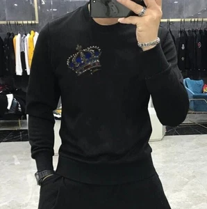 Felpa con Cappuccio Uomo Lusso Corona Diamante Strass Moda Nera Alta Qualità Nuova - Foto 1 di 4
