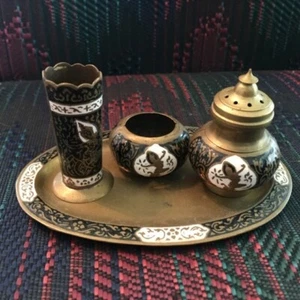 SALT & PEPPER SHAKER TOOTHPICK HOLDER TRAY SET ENAMEL & BRASS India Thai vintage - Picture 1 of 12
