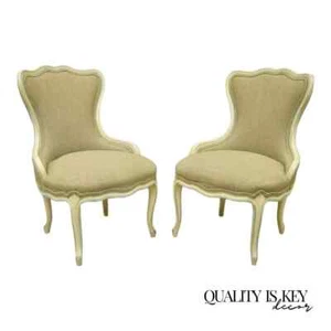 Vintage French Provincial Louis XV Cream Blue Boudoir Slipper Chairs - a Pair - Picture 1 of 12