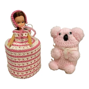 Vintage Doll & Koala Toilet Roll Container Cover Crochet Retro Kitsch Pink White - Picture 1 of 16
