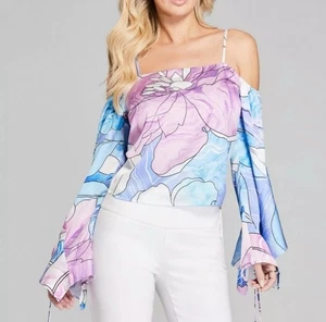 New Guess Marciano Fluid Floral Open Shoulder Bell Sleeve Blouse S - Picture 1 of 4