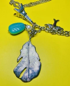 Vintage Double Strand Silver Tone Charm Necklace Eiffel Tower Bird Turq Stone - Picture 1 of 5