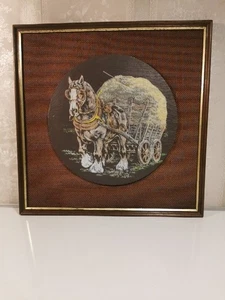 Vintage Slate, Shire Horse Pulling Hay Wagon, Picture Frame Wood Wall Plaque  - Picture 1 of 20