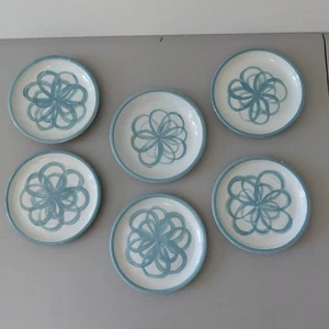 6 Artisan Pottery Side Plates Blue DAISY WHEEL HELIN Cottagecore Prairie VTG - Picture 1 of 12