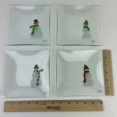The Pampered Chef Snowmen Appetizer Plates #2819  Set of 4 - 6" Square Glass NIB - Image 1 of 4