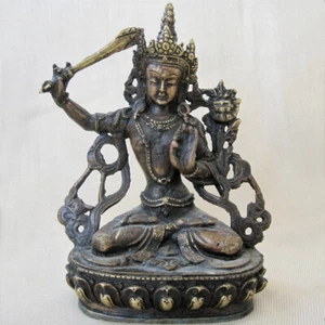 GOD OF WISDOM MANJUSHREE COPPER STATUE GILDED CROWN NEPAL - Picture 1 of 10