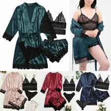 4PCS Women's Lingerie Pajamas Set Sexy Satin Silk Lace Sleepwear Nightgown Robe
