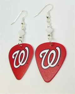 Washington Nationals White "W" Red Guitar Pick Earrings with Swarovski Crystals - Picture 1 of 3