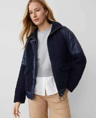 NUEVO CON ETIQUETAS NUEVO ANN TAYLOR PS Colección Fin de Semana Acolchado Cable Suéter Chaqueta Azul Marino Foto 1 de 3
