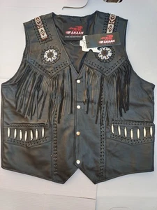 Black Leather Western Vest Fringes Beads Braided Unisex Biker Cowboy Style - Picture 1 of 6
