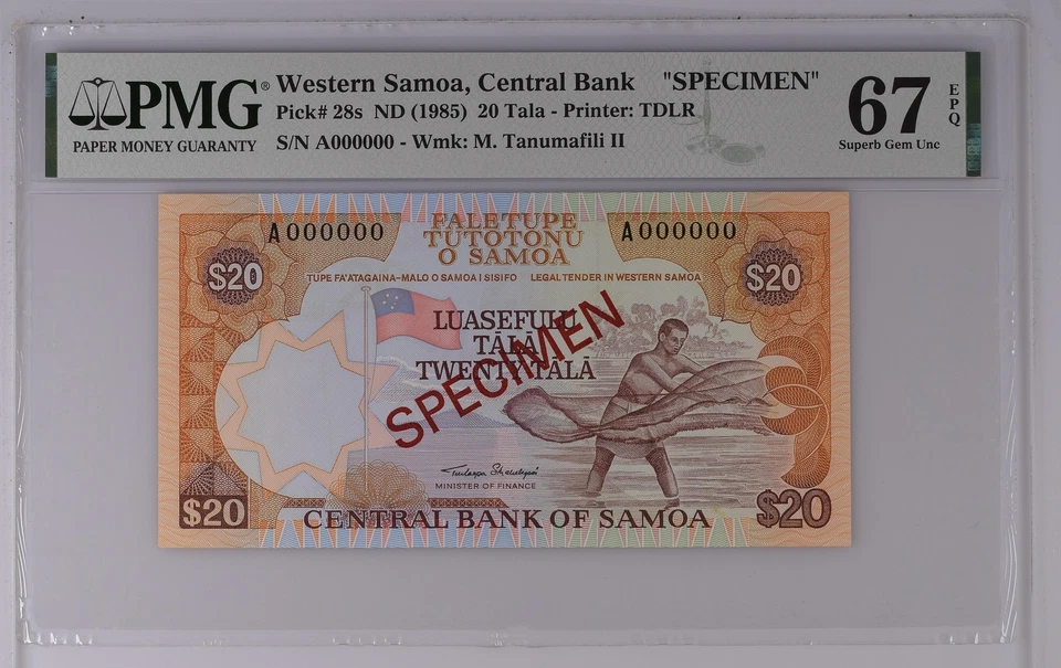 Samoa 20 Tala ND 1985 P 28 s SPECIMEN Superb Gem UNC PMG 67 EPQ - Image 1 of 1