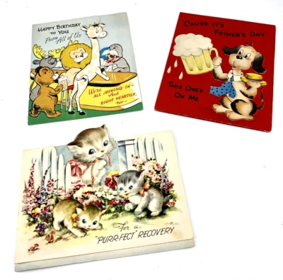 Lote de 3 tarjetas de felicitación vintage inspiradas en animales troqueladas caprichosas Foto 1 de 4