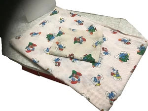 Vintage 1982 Christmas Smurfs Red Polka Dot Cotton Twin Flat Sheet & Pillowcase - Picture 1 of 2