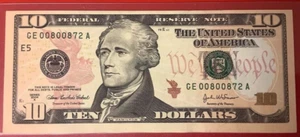 Doble 0s corte central desigual ☆ BILLETE DE DIEZ DÓLARES ☆ 00800872 ☆ número bajo elegante - Imagen 1 de 4