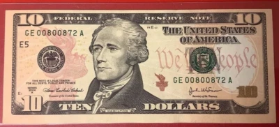 Repeater Offset Uneven Cut ☆ 008 008 72 ☆ TEN DOLLAR BILL Fancy Low Number - Image 1 of 4