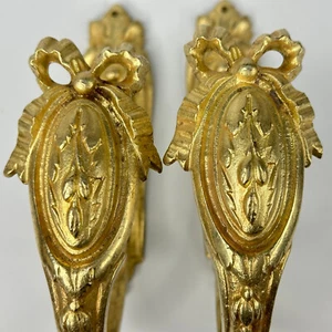 Antique French Matching Pair of Ornate Brass Curtain Tiebacks For Window Drapes - Picture 1 of 24